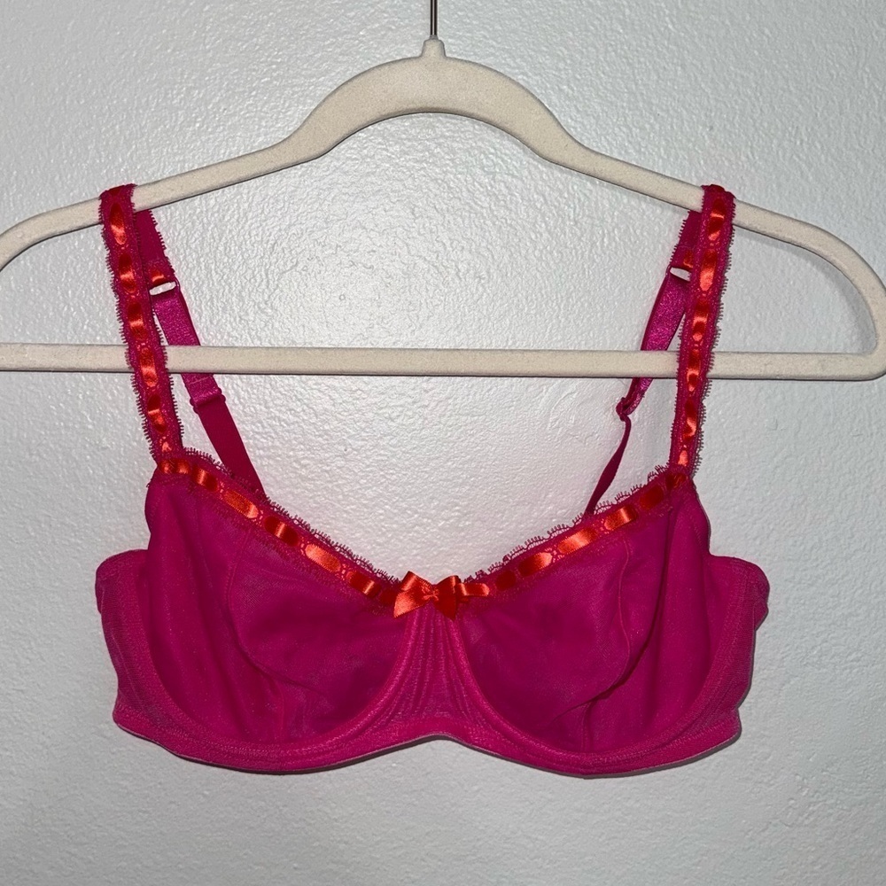 Victoria’s Secret Vintage Unlined Hot Pink Bra with Orange Ribbon / Bow